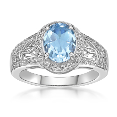 Genuine Blue Topaz and White Topaz Halo Sterling Silver Ring 1