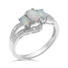 Created Opal and Created White Sapphire Three-Stone Sterling Silver Ring 1