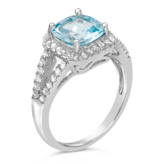 Cushion Blue Topaz and White Topaz Halo Sterling Silver Ring 1