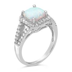 Cushion Created Opal and White Topaz Halo Sterling Silver Ring 1