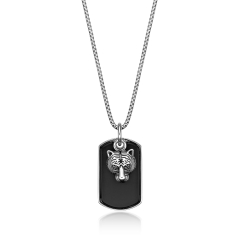 Men's Black Agate Tiger Dog Tag Sterling Silver Pendant Necklace 1