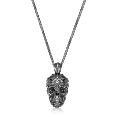 Men's Black Spinel Skull Oxidized Sterling Silver Pendant Necklace 1