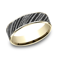 Damascus Steel and 14k Yellow Gold 6.5mm Comfort Fit Wedding Band 1