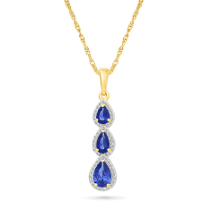 Created Blue Sapphire and 1/6ctw Diamond 10k Yellow Gold Three-Stone Pendant Necklace 1