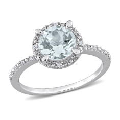 Aquamarine and 1/20ctw Diamond Halo Sterling Silver Ring 1