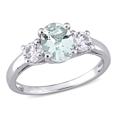 Oval Aquamarine and Created White Sapphire Three-Stone Sterling Silver Ring 1
