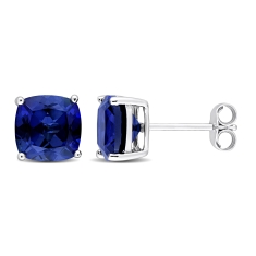 Cushion Created Blue Sapphire Sterling Silver Stud Earrings