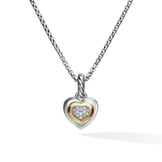 David Yurman Petite Cable Heart Pendant Necklace in Sterling Silver with 14K Yellow Gold and Diamonds 17.1mm 1