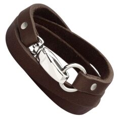 Men's Stainless Steel Dark Brown Leather Wrap Bracelet