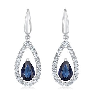 Genuine Blue Sapphire and Diamond Pear Drop Earrings 1/4ctw
