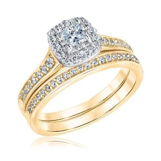 Ellaura Glow Princess Diamond Halo Yellow Gold Engagement and Wedding Ring Bridal Set 3/4ctw