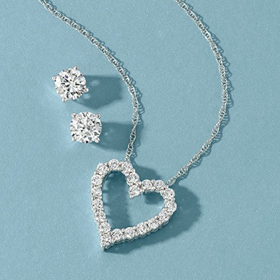 White Gold Diamone Earrings & Heart-Shaped Pendant Necklace | Valentine's Day Jewelry Gifts for Her | REEDS Jewelers