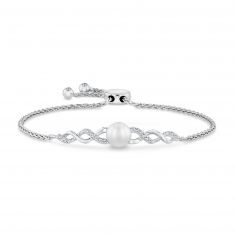 Freshwater Cultured Pearl and Created White Sapphire Sterling Silver Bolo Bracelet