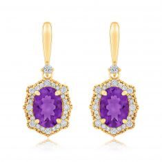 Oval Amethyst and Diamond Yellow Gold Earrings 1/4ctw