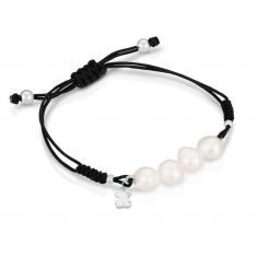 TOUS Bear Freshwater Cultured Pearl and Black Cord Bracelet