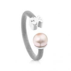 TOUS Icon Bear and Pearl Mesh Ring - Size 6.5